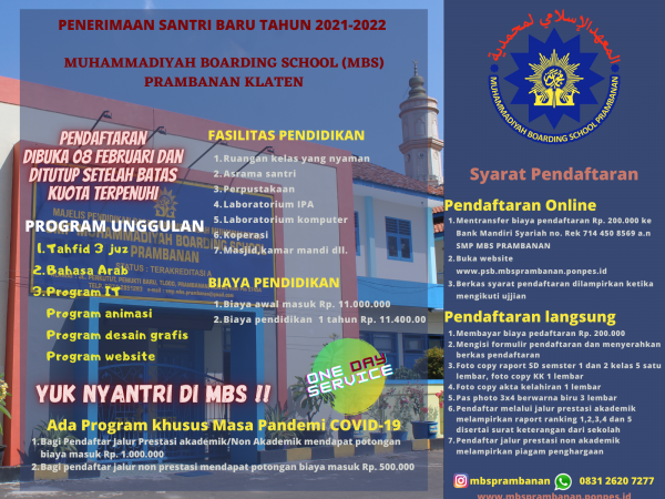 Penerimaan Santri Baru PPM SMP MBS Prambanan Klaten sudah dibuka kembali.